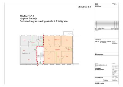 Etasjeplan for en ny plan 2. etasje i et prosjekt ved Telegata 3. Planen viser romfordeling for to leiligheter med stuer, kjøkken, soverom og bad.