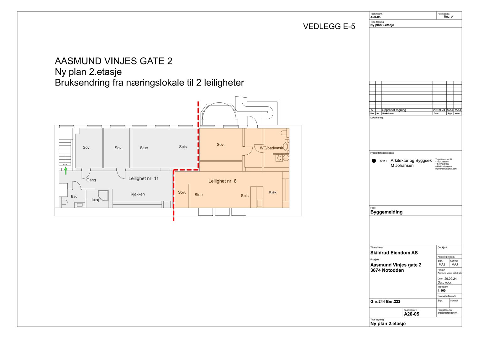 Etasjeplan for 2. etasje som viser romfordeling og bruksendring til leiligheter.
