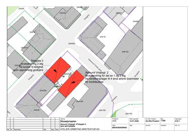 Situasjonsplan som viser bygningens plassering i forhold til nabolaget, gater og arealbruk.