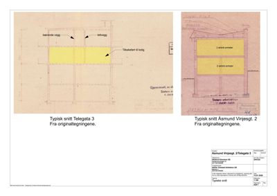Bildet viser to snittegninger (typiske snitt) av bygninger, med beskrivelser og arkitektinformasjon.