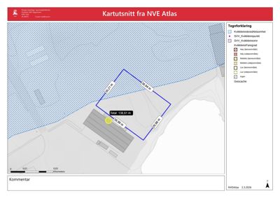 Kartutsnitt fra NVE Atlas som viser et tomt med angitte dimensjoner og faregrad for kvikkleire.