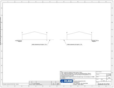 Fasadetegning som viser oppriss av fasade med ringmur og detaljer om halter og avstander.