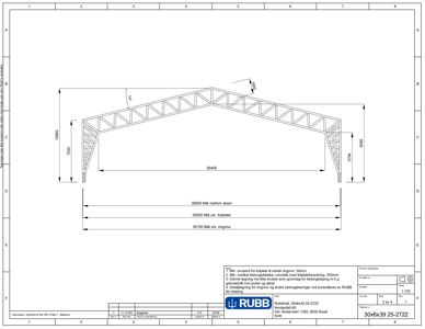 Tegning som viser detaljert oppriss av en stålkonstruksjon (tverrstolpe) med dimensjoner og konstruksjonsdetaljer.