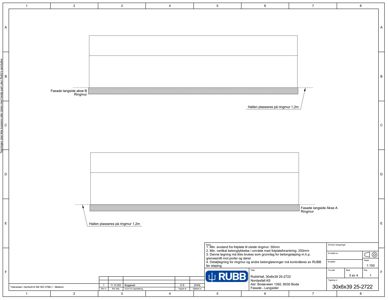 Fasadetegning som viser plassering av ringmurer langs aksene A og B, samt detaljer om halens plassering i forhold til ringmur.