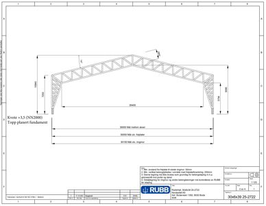 Detaljtegning av en stålkonstruksjon (takkonstruksjon) med dimensjoner og konstruksjonsnotater.