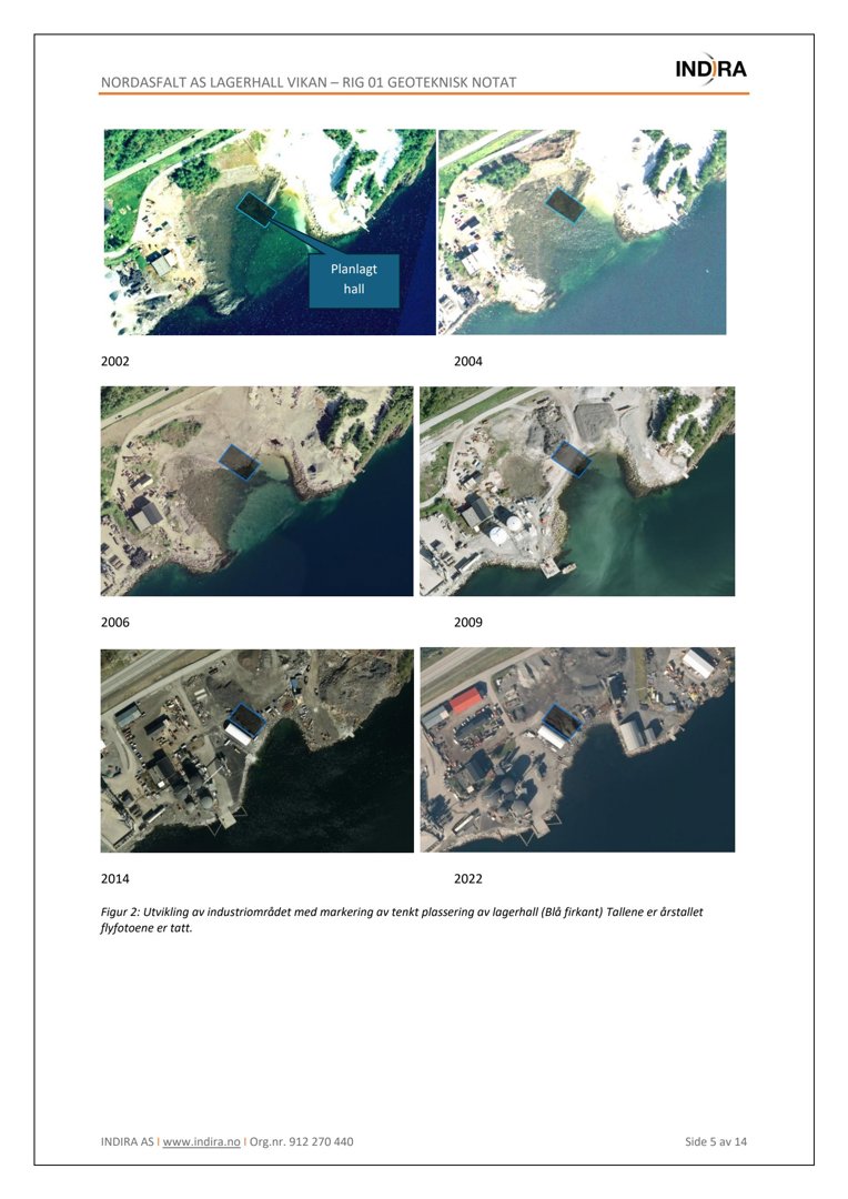 Bildet viser en samling av 6 flyfotoer tatt mellom 2002 og 2022 som dokumenterer utviklingen av et industriområde langs kysten.