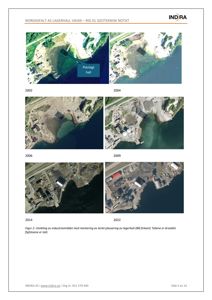 Bildet viser en samling av 6 flyfotoer tatt mellom 2002 og 2022 som dokumenterer utviklingen av et industriområde langs kysten.