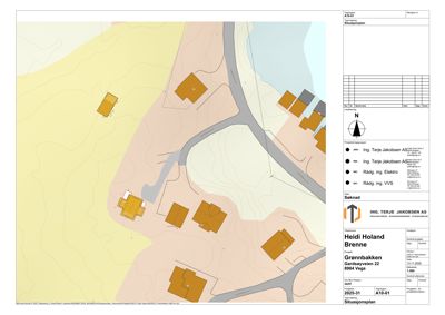 Situasjonsplan som viser tomtens form, terrengforhold, vei og plassering av bygninger.
