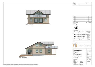 Bildet viser fasadetegninger for en bygning, spesifikt 'Fasade Vest' og 'Fasade Nord', med målstørrelse 1:100.