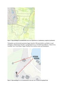 Bildet viser to kartutsnitt (skjermbilder) som illustrerer eiendomsgrenser, avstander til vassdrag og bygningers plassering i forhold til nabolag.