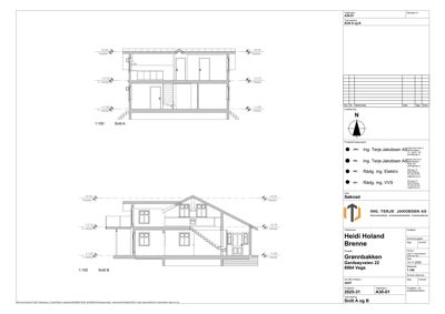 Snittegning (Snitt A og B) som viser tverrsnittet av en bolig med etasjer og takform.
