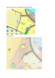 Situasjonsplan som viser avstander til felt og sjø i en reguleringsplan.