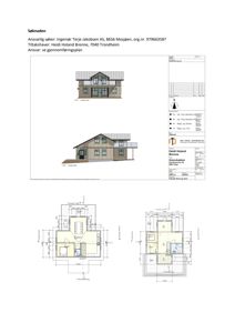 Bildet viser en byggesøknad som inneholder både fasadetegninger og etasjeplaner (floor plans) med romfordeling og mål.