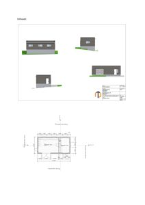 Bildet viser fasadetegninger for et hus, inkludert tre utsyn av fasaden og et snitt med mål.
