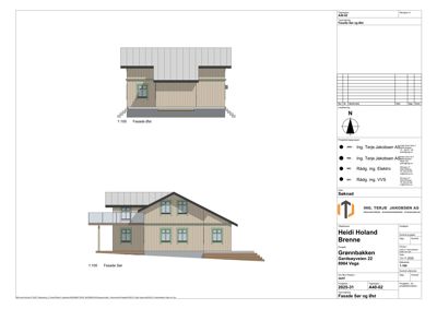 Fasadetegning som viser bygningens utseende sett fra sør og øst