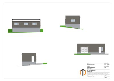 Fasadetegning av et uthus sett fra flere vinkler.