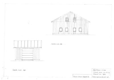 Tegning som viser fasadeopprikk (fra front og side) av en bygning med vinduer og dører.
