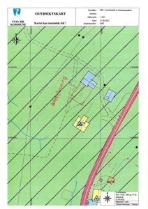 Oversiktskart (situasjonsplan) som viser tomtens beliggenhet, grenser, eksisterende bygninger og infrastruktur.