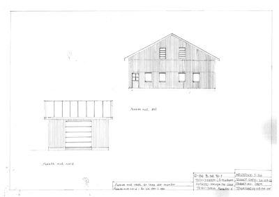 Tegning som viser fasadeopprikk for en bygning sett fra to sider (mot øst og mot nord).