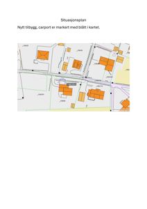 Situasjonsplan som viser eiendomsforhold, nabobebyggelse og en markert nybygging (carport) med blå farge.