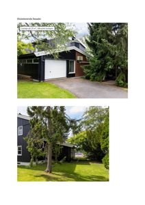 Fotografier av eksisterende fasade på en bolig med tilhørende garage og hage.