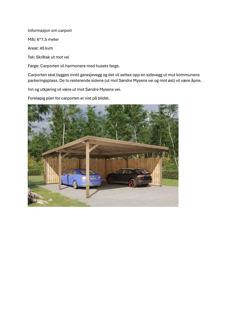 3D-visualisering (rendering) av en planlagt carport med to biler, omgitt av trær og grønt.