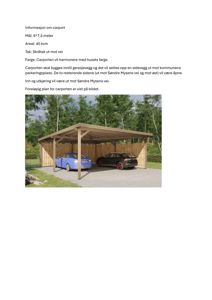 3D-visualisering (rendering) av en planlagt carport med to biler, omgitt av trær og grønt.