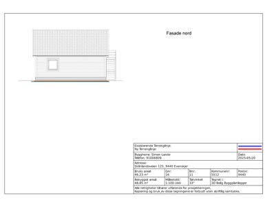Fasadetegning av bygning sett fra nord med teknisk informasjon om areal og høyde.