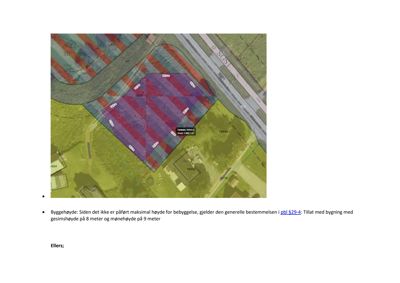 Situasjonsplan som viser tomtens beliggenhet, grenser, veier og overlappende reguleringsområder (fargekoding).