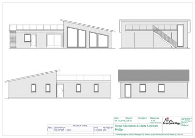 Fasadetegning som viser bygningens utsyn fra fire ulike vinkler (front, side, bak og en annen side).