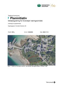 Flyfoto av Evenskjær sentrum med det aktuelle næringsområdet markert i rødt.