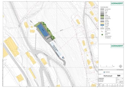 Situasjonsplan som viser tomtens beliggenhet, topografi, eksisterende og nye bygninger, samt vegforhold.