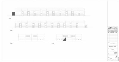 Fasadetegning som viser fronten på en rekke garasjer eller eneboliger med nummererte enheter.