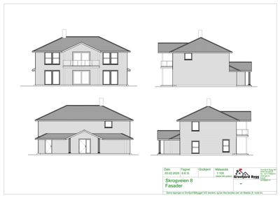 Fasadetegning som viser fire utsnitt av bygningens ytre fasader (front, side, bak og annen side).