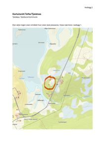 Kartutsnitt av Tofte/Tjeldnes i Tjeldøya, Tjeldsund kommune, som viser topografi, vann og infrastruktur med en markert rødt område.