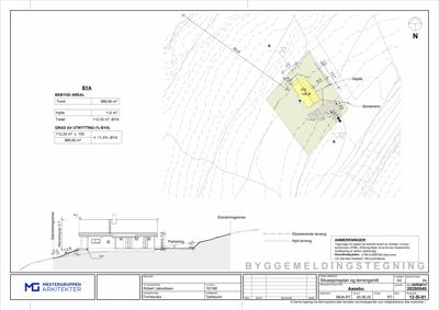 Situasjonsplan og terrengsnitt som viser tomtens form, høyder, eksisterende og nytt terreng, samt plassering av bygning (PG) og brenn. Inneholder også beregninger for bebygd areal og utnyttelsesgrad.