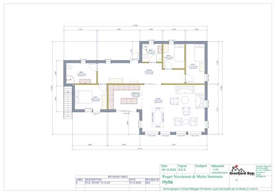 Etasjeplan for en hytte med romfordeling, dimensjoner og møblering.