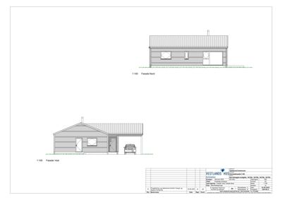 Tegning som viser fasadeopprikk for en bygning sett fra nord og vest.