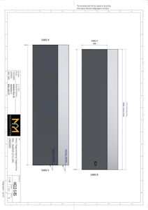 Tegning som viser detaljert oppriss av en gable (fjellvegg) med mål, fargekoder (RAL) og konstruksjonsdetaljer.