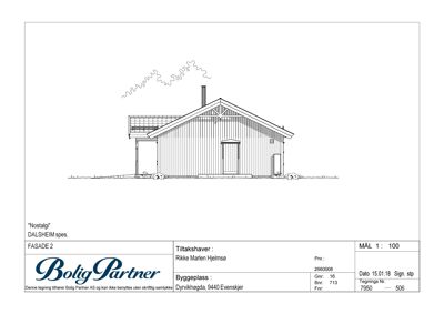 Fasadetegning av en hytte med tegningstittel 'FASE 2' og detaljer om tiltakshaver og byggeplass.