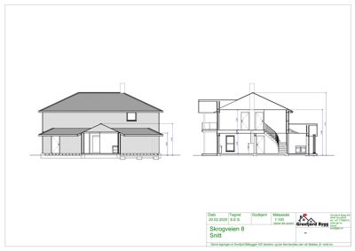 Snittegning av en toetasjes bolig med oppgitt mål og detaljer om innvendig oppbygning.