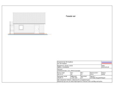 Fasadetegning av en bygning sett fra sør, med tilhørende prosjekteringsinformasjon.