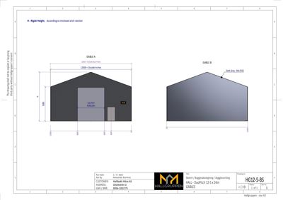 Fasadetegning som viser oppriss av to gable (Gable A og Gable B) med mål og fargeangivelser.
