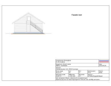 Fasadetegning av en bygning sett fra vest, med tilhørende teknisk informasjon i tabellformat.