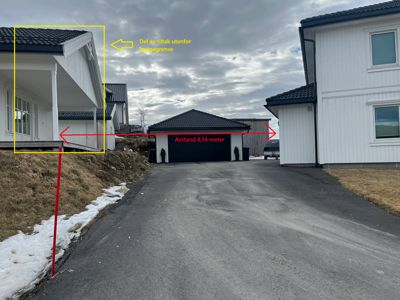 Fotografi av en eksisterende eller planlagt bygning med overlagte målinger og merknader om byggegrenser.