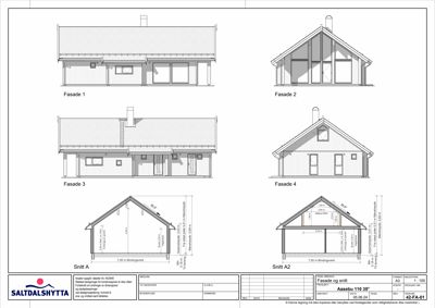 Fasadetegning og snittegning for en hytte (Fasade 1-4 og Snitt A/A2).