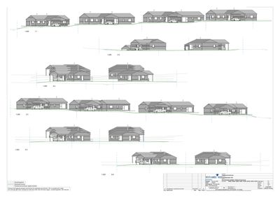 Fasadetegning som viser ulike vinkler og detaljer på en bolig, inkludert takform, vinduer, dører og garasje.