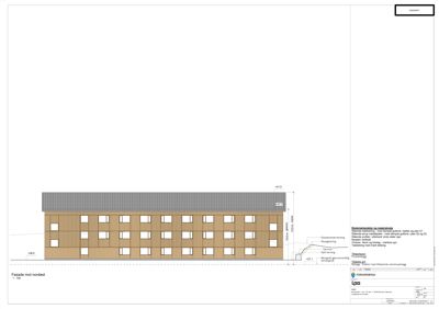 Fasadetegning som viser bygningens utseende mot nordøst, inkludert vinduer, fasadematerialer og høydeangivelser.