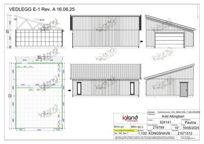 Fasadetegning som viser front- og sideutsikt på en garasje med mål og detaljer.