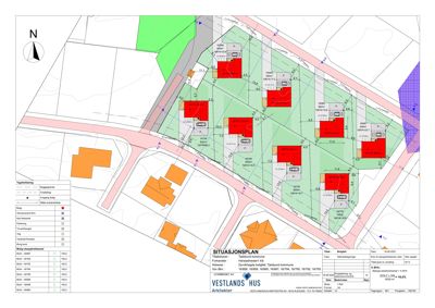 Situasjonsplan som viser tomtens beliggenhet, naboeiendommer, veier, og plassering av planlagte bygninger med arealdata.